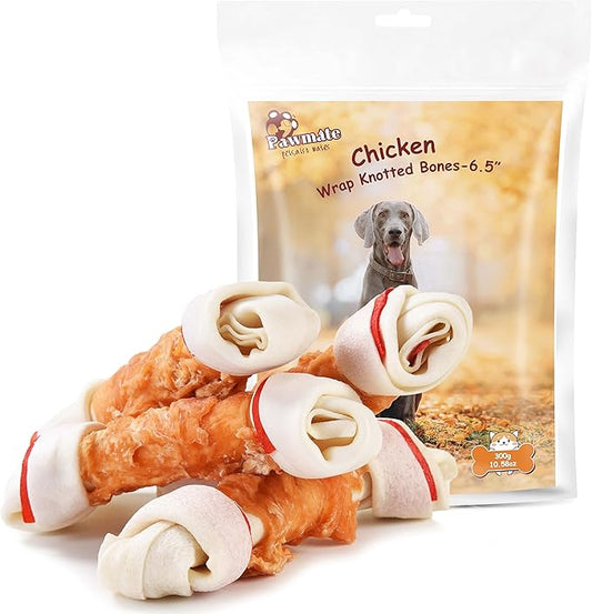 Dog Treats Large Breed, Chicken Wrapped Rawhide Bones 6.5'', Large Size Long Lasting Dog Chews with Taurine, Teeth Cleaning Training Treats Snacks for Medium Large Dogs, 4 Counts, 10.6 oz