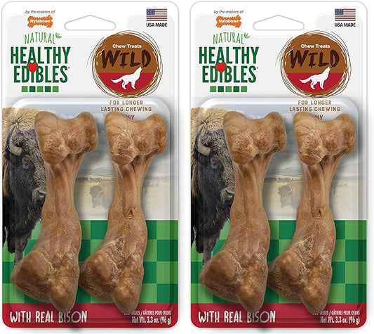 Nylabone Healthy Edibles Wild Natural Longer-Lasting Bison Flavor Bone Chew Treats for Dogs, Medium - Up to 35 lbs (2 Count) (Pack of 2)