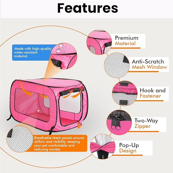 Beatrice Home Fashions Portable, Collapsible, Pop Up Kennel Travel Cat and Dog Crate, 24" L x 16.6" W x 16" H, Fuchsia