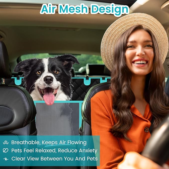 Black-Aqua Dog Car Seat Cover, Backseat Extender Hard Bottom, 100% Waterproof, Exclusive Zipper Design for Child Seat & Dog Seat Belt, Fits Small to Large Dogs or Multiple Pets