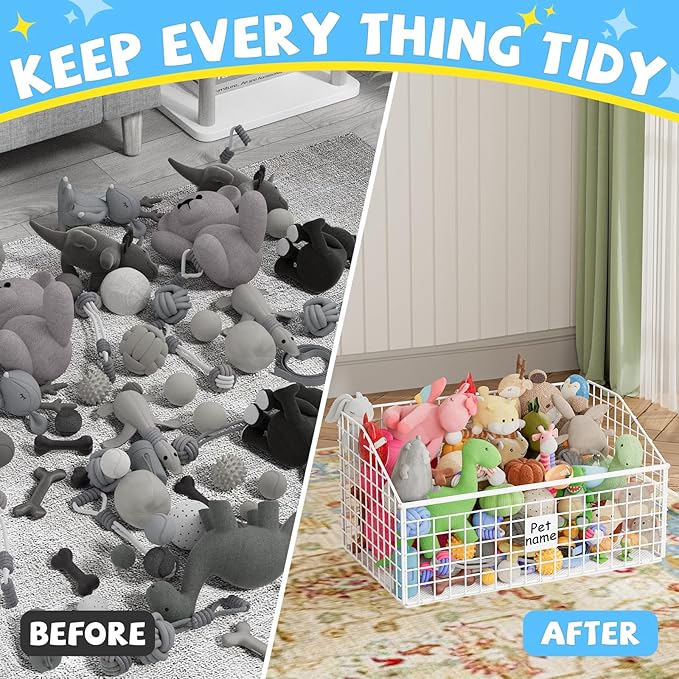 Indestructible Dog Toy basket, Large Toy Box for Dogs,Pet Toy Bin Dog Metal Basket for Toys, Toy Storage Organizer, Toy Box for Living Room Area (White)