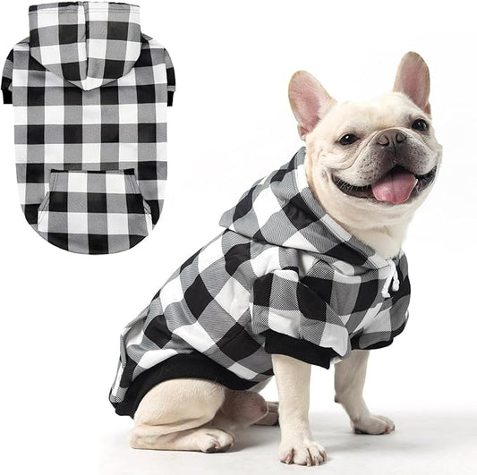 KOOLTAIL Plaid Dog Hoodie for Small Medium Large Dogs - Pet Clothes Sweater with Hat and Pocket for Cold Weather Winter, Warm Soft Hooded Sweatshirt Coat Outfit for Puppy Cats Girls Boys White SM