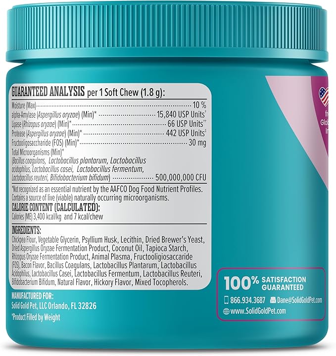 Solid Gold Dog Probiotics for Digestive Health - Probiotics for Dogs with Fiber & Digestive Enzymes for Bowel Support & Gut Health - Bacon Flavor Soft Chews to Support Digestion for All Ages - 60ct