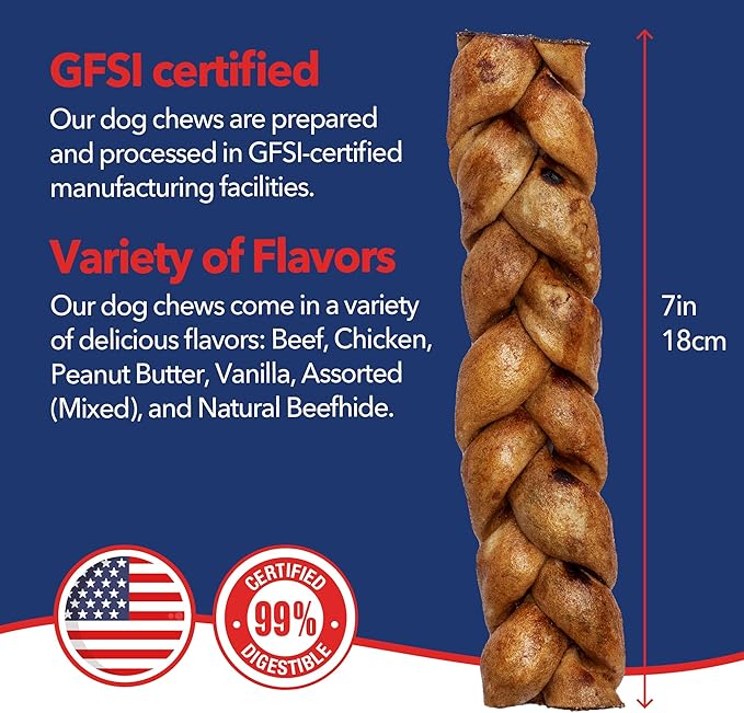 Pet Factory 7in Braided Beefhide Dog Chew Sticks with Peanut Butter Flavor - 100% USA Made Rawhide Chews for Medium Dogs, Long Lasting Dental Health, 7 inches (Pack of 6)