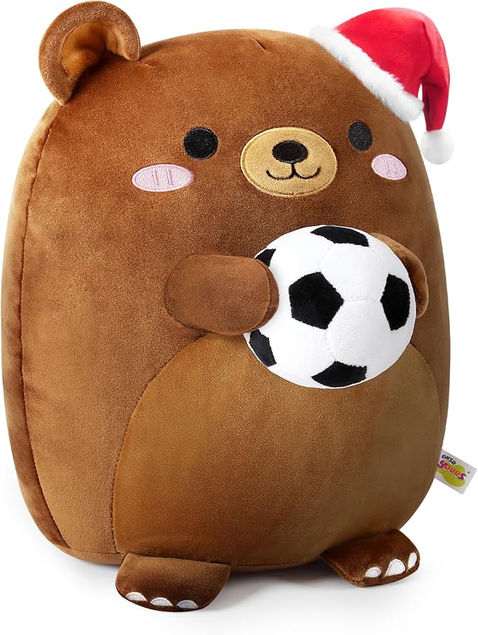 Onsoyours Original Christmas Bear Plush with Soccer Ball Santa Hat, Cute 12 inch Sport Brown Bear Stuffed Animal, Ultra Soft Hugging Xmas Gift Plush Toy for Kids & Adults