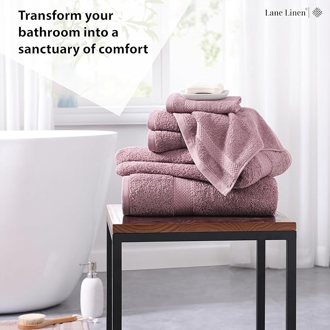 LANE LINEN 100% Mercerized Cotton Bathroom Towel Set - 6 Pcs - Ring Spun, Fluffy, Soft & Highly Absorbent - 2 Bath, 2 Washcloths, 2 Hand Towels - Avaialable in Wide Variety of Colours - Wishful Mauve