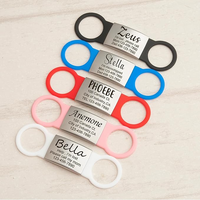 Anavia Slide On Silent Pet ID Tags Cat Dog Name Tags, Multi-Color Silicone Band Personalized Engraved Stainless Steel Tag, Customized Chew-Proof Quiet Dog Collar Tags (Small, White)