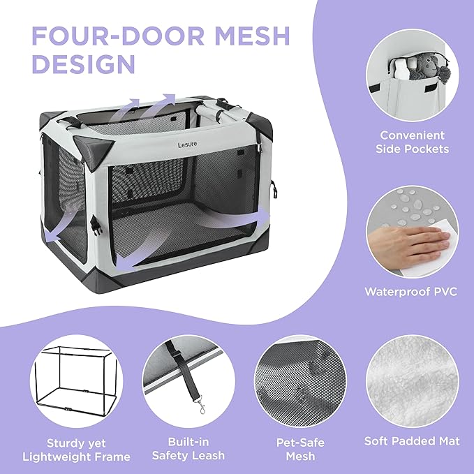 Lesure Collapsible Dog Crate - Portable Travel Kennel for Extra Large Dog, 4-Door Pet Crate with Mesh Windows, Indoor & Outdoor, Charcoal Gray