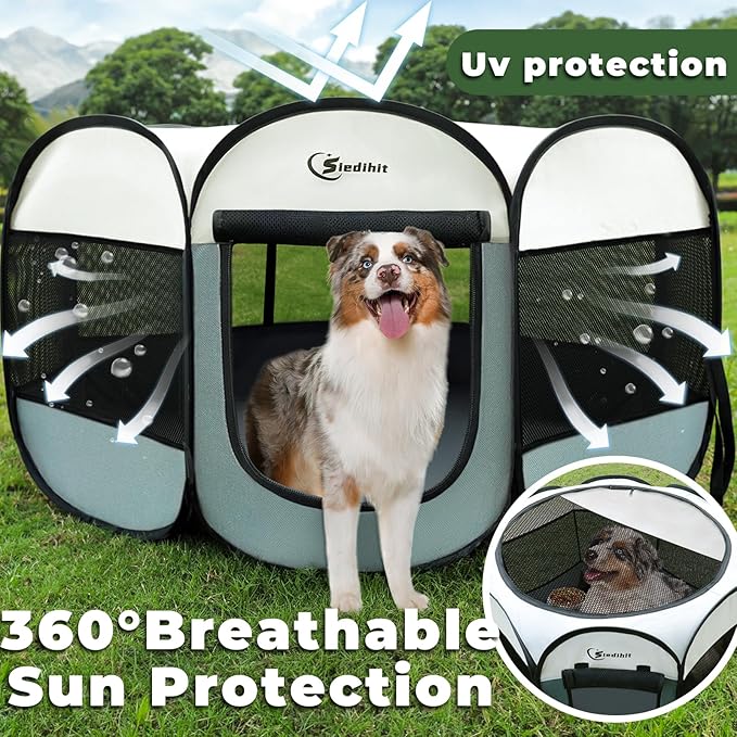 Large Dog Cat Playpen, Puppy Pet Playpen Indoor for Small Dog Crate Tent Cage Outdoor, Portable Pop Up Dogs Enclosure Kennel with Carrying Case for Dogs/Cats/Rabbits, Grey