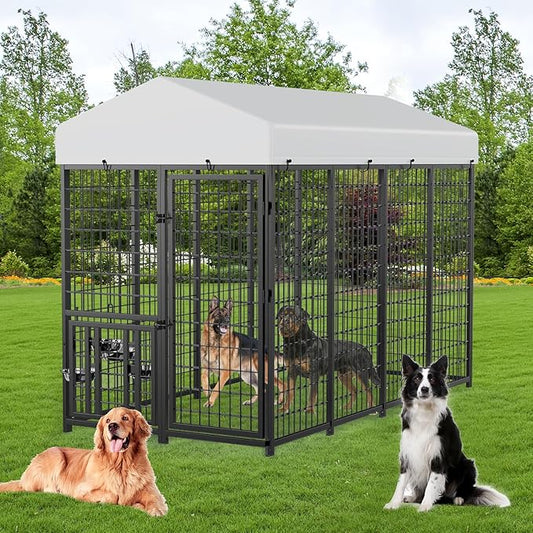 ROOMTEC Heavy Duty Outdoor Dog Kennel with Rotating Bowls, 8 x 4 x 5.6-ft
