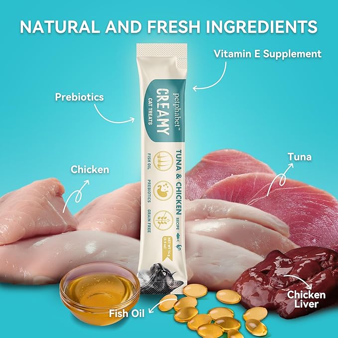 PETPHABET Lickable Cat Treats, Creamy Puree Wet Kitten Treats Tuna & Chicken Recipe, Squeezable Paste Cat Snacks, Grain-Free Kitty Treat, High Protein Squeeze Up Tubes for Cats (0.5 oz x 20 Counts)