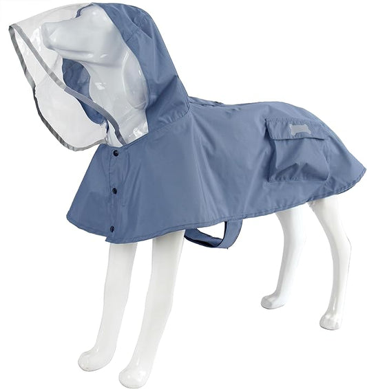 Waterproof Dog Raincoat, Adjustable Reflective Lightweight Pet Rain Clothes with Poncho Hood(Large, Blue&Grey)