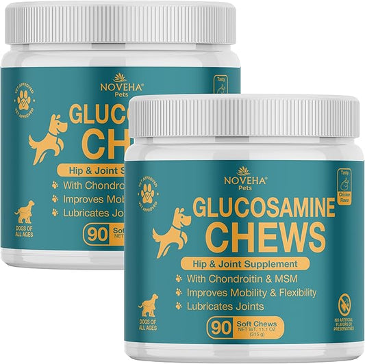NOVEHA Dog Glucosamine Chews | Hip and Joint MSM Formula for Dogs Joint Care | Senior Pet Joint Health Supplement | Premium Glucosamine and Chondroitin for All | 2PK - 90 Soft Chews; Chicken Flavor