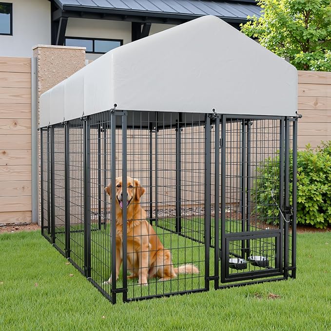 Greesum Large Outdoor Dog Kennel, Heavy Duty Welded Wire Steel Dog Playpen Fence with Secure Lock/UV-Resistant Waterproof Roof Cover/Rotaing Feeder Bowls, for Small/Medium/Large Dogs, XL