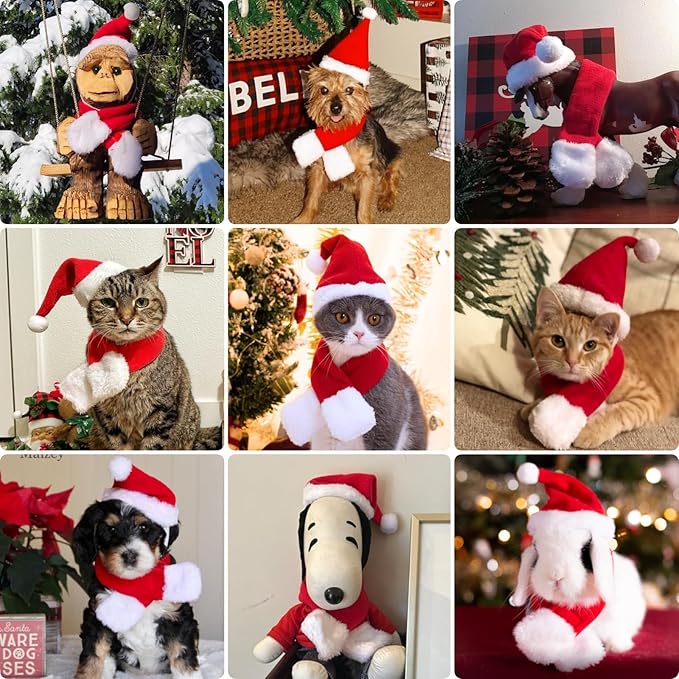 Cat Santa Hat with Scarf, Christmas Costume Suit for Cats Small Dogs Rabbits Doll, Holiday Party Decoration for Pets, Red S