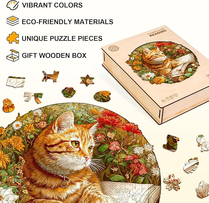 KAAYEE Wooden Puzzles for Adults, Flower Kitten Reading Puzzles, 280 Piece Unique Animal Shape Puzzle, Cat Wood Puzzle for Adults, Creative Gifts for Cat Lover/Friends/Family(13.4 * 13.4in)