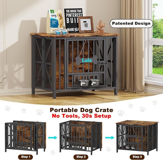 Easycom Dog Crate Furniture, 31.5" Assembly-Free Dog Crates for Small & Medium Dogs, Foldable Dog Kennel Indoor with Tag & Adjustable Dog Bowls, Wooden Dog Cage Use as End Table, Rustic Brown