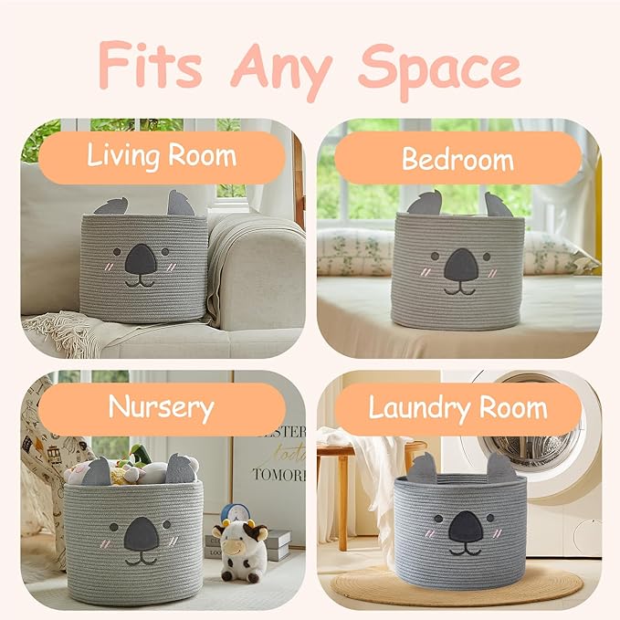 OMERAI Animal Koala Basket, Cute Cotton Rope Woven Large Blanket Basket, Toy Storage for Nursery decor and Laundry Organizer with Handles, baby hamper shower gift, 15" D x 12.6" H, Grey