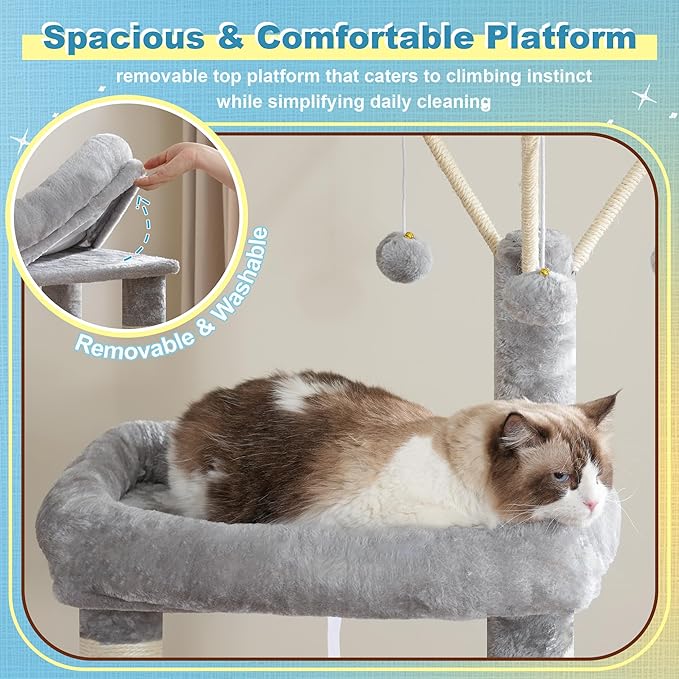 Hey-brother Cat Tree Tower, Scratching Posts with 3 Condos, Large Basket, Cozy Bed, Sisal Board, Step-by-Step Climbing Pathway and Toys, 74.8 inches Furniture for Big Indoor Cats, Light Gray MPJ081W
