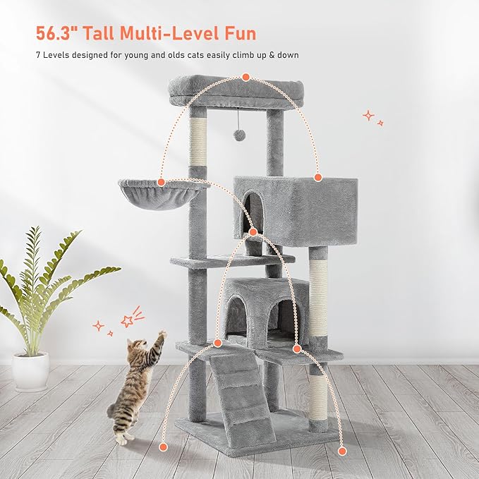 Cat Tree for Indoor Cats, 2 Cozy Condos with Spacious Top Perch, 56.3-Inch Multi-Level Cat Tower with Scratching Posts, 2 Caves, Plush Hammock and Climbing Ramp, Light Grey