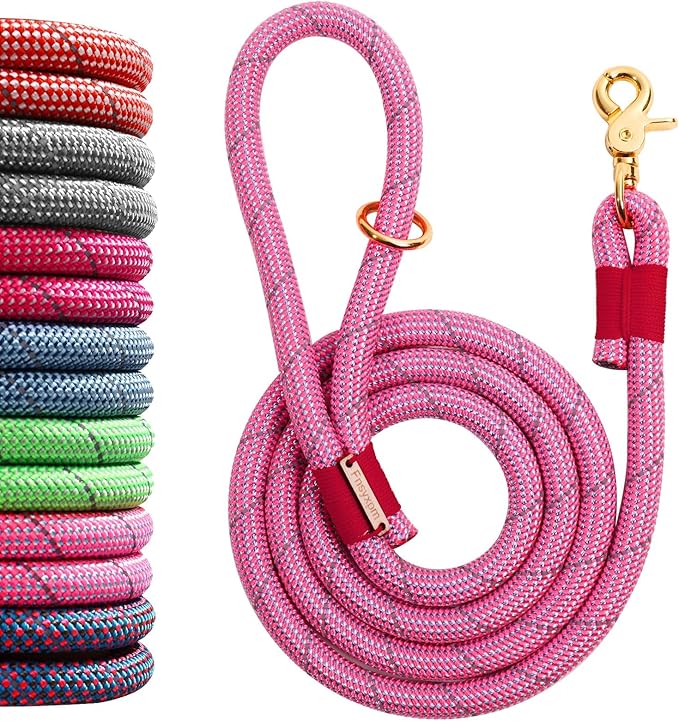Nylon Rope Dog Leash Reflective, Handmade Braided Strong Dog Lead, Heavy Duty Rope Leash for Medium Large Dogs (5 FT - 3/5" Pink)