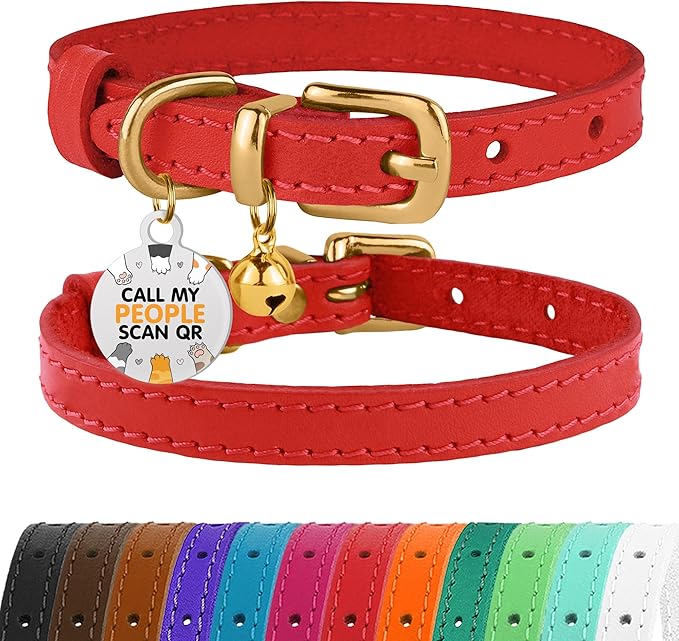 BRONZEDOG Leather Cat Collar with Removable Bells Non Breakaway Kitten QR Tag for Girl Boy (9" - 12" Cats/Mini Dogs, Red & Gold)