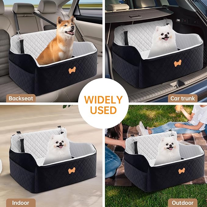 Car Seat for Large Size Dog, Booster Seat for Dogs Under 55 lbs or 2 Small Dogs, Soft Car Dog Bed Filling in Thick Memory Foam with 2 Safety Leashes and Storage Pocket (Grey/Black)