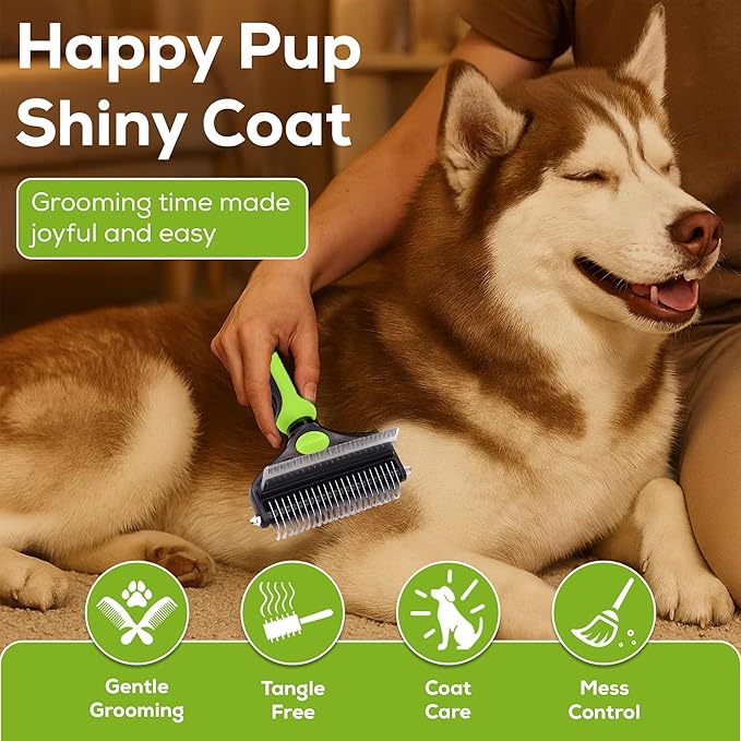 Pet Grooming Set – Deshedding Hair Brush & 2 Finger Toothbrushes – Perfect for Dogs & Cats (Green)