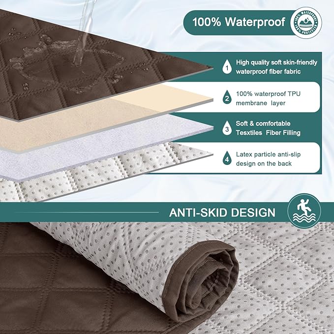 Ruaozz Waterproof Recliner Sofa Cover 1-Piece Couch Covers for Reclining Couches Reclining Sofa Cover Washable Furniture Protector with Elastic Straps Pocket for Kids, Pets (Dark Brown, 3 Seater)