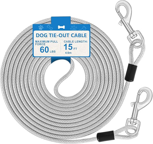 15ft Dog Tie Out Cable, Dog Leash Heavy Duty Tie Out Cable for Large Dogs Up to 60lbs Pull Force, Dogs Runner for Yard Outdoor and Camping, M, Silver