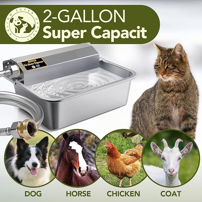 Automatic Water Dispenser for Dogs 2 Gallons, 304 Stainless Steel Dog Water Bowl Dispenser for Farm Chicken Pets Indoor&Outdoor Dog Waterer Feeder Fit 3/4'' GHT Faucet Auto Filling Wide Drinking Area