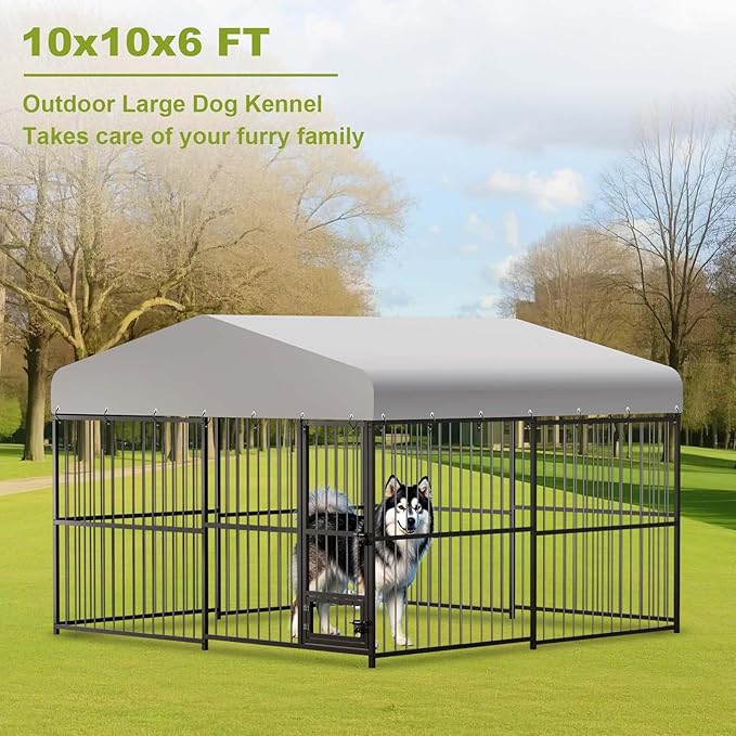10x10x6 FT Large Dog Kennel Outside, Heavy-Duty Outdoor Cage with Roof and Lock,Covered Outside Kennel,for Medium and Large Dogs,Easy Assembly