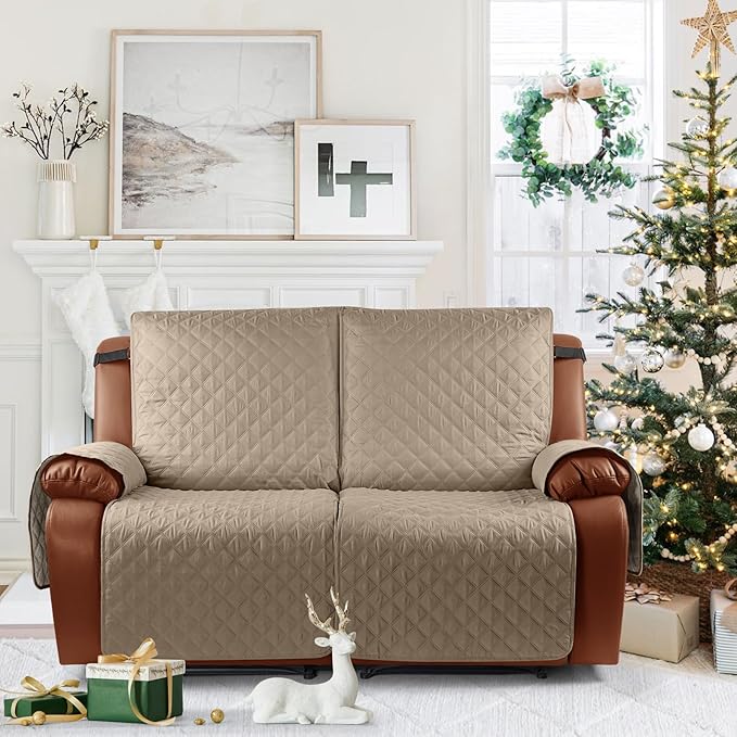 Ruaozz Waterproof Recliner Sofa Cover 1-Piece Couch Covers for Reclining Couches Reclining Sofa Cover Washable Furniture Protector with Elastic Straps Pocket for Kids, Pets (Khaki, XL 2 Seater)
