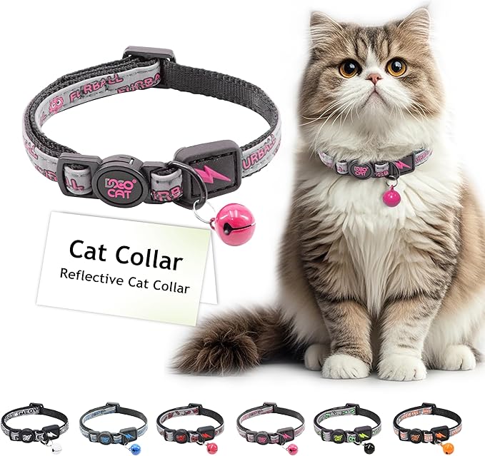 DOCO Cat Collar Breakaway Safety Buckle - Reflective Kitten Collar with Bell, Adjustable Nylon Strap for Kittens & Adult Cats - Pink, Neck Girth - 3/8" x 7.5-12", Weight Up to - 13lb