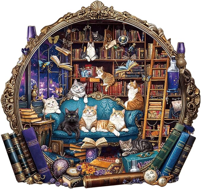 Wooden Puzzles for Adults, Cat Library Adventure Wooden Jigsaw Puzzle for Adults, Wood Puzzles Adult, Unique Shape, Presents for Friends, Wall Art Home Decor (S-8.5 * 8in - 100 pcs)