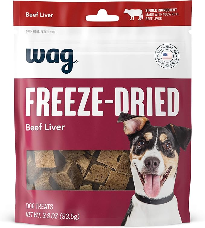 Amazon Brand - Wag Freeze-Dried Raw Single Ingredient Dog Treats, Beef Liver, High Protein, Health Training Treats or Meal Topper for all Dogs, Grain-Free, 3.3 Ounce (Pack of 1)