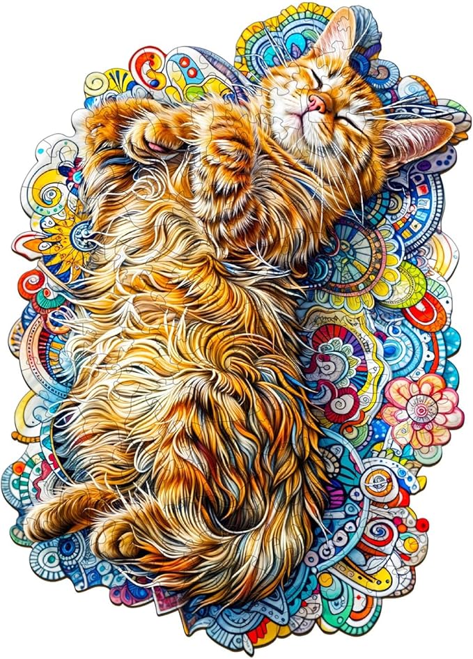 KAAYEE Wooden Puzzles for Adults, Sleeping Cat-1 90 Piece Unique Animal Shape Puzzle, Cat Wood Puzzle for Adults, Creative Gifts for Friends/Family, Home Decor(8.5 * 6.1in)