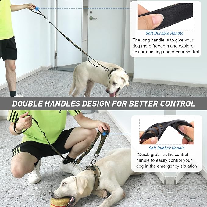 Hotsky Tactical Dog Leash Heavy Duty for Medium Large Dogs That Pull,4-6Ft Strong Bungee Shock Absorbing Military Dog Leash with Padded Double Handle and Car Seatbelt,Camo