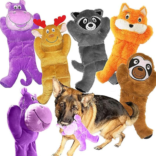 Jalousie 5 Pack 12'' Dog Toys Assortment - Plush Squeaky Toys for Medium to Large Breeds - Raccoon, Elk, Hippo, Fox, Sloth