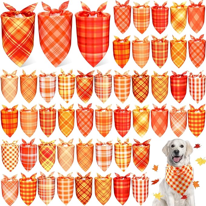 Abbylike 50 Pcs Thanksgiving Dog Bandanas Bulk Plaid Bandanas for Dogs Triangle Kerchief Bib Scarf for Pets Fall Costume Photo Props Accessories Pet Shops Groomers, 25 Styles (25.6 x 17.7 x 17.7)