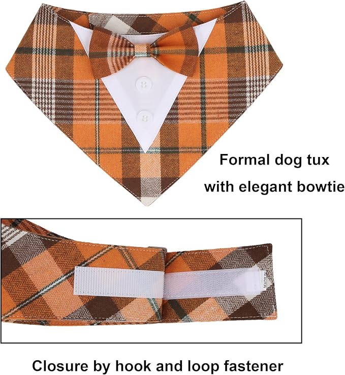 ADOGGYGO Fall Dog Tuxedo Bandana, Orange Plaid Pet Tux Collar with Bowtie, Adjustable Halloween Thanksgiving Formal Costume for Extra Small Dogs Pets (XS)