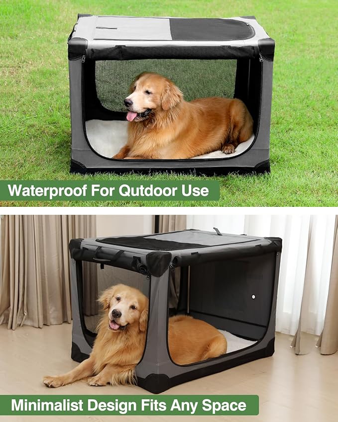 33 Inch Collapsible Travel Dog Crate for Medium Large Dogs, Portable Dog Crate 4-Door Foldable Soft Kennel with Durable Mesh Windows for Indoor & Outdoor Travel, with Storage Bag,Grey