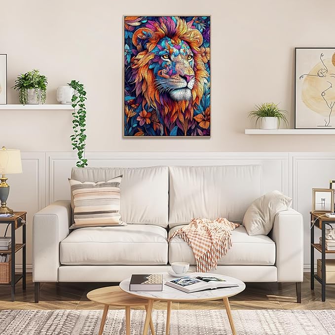 Puzzles for Adults 1000 Pieces, Colorful Lion Flowers Abstract Art Jigsaw Puzzle with Letters on Back, Premium Family Games Decor and Gift, 20x28 Inch