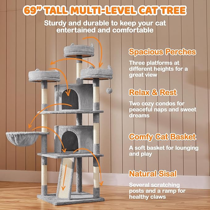 Yaheetech 68.5in Cat Tree for Large Cats, Multi-Level Cat Tower with 3 Wide Perches, Large Condo, Stable Pet Play House w/Sisal-Covered Scratching Posts & Board, Light Gray