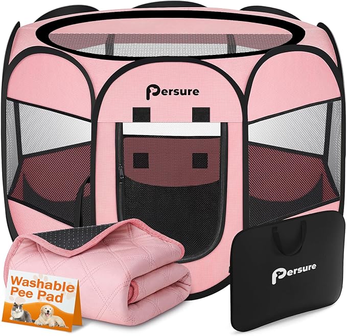 Dog Cat Playpen Indoor Outdoor for Puppy Pet Dogs Cat Recovery After Surgery, Dog Tent Crates Cage Indoor/Outdoor, Portable Pop Up Kennel with Carrying Case for Travel (Premium Pink with Pad, Small)