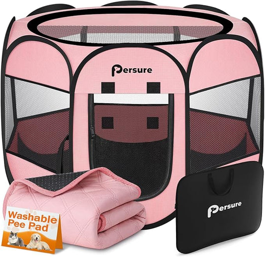 Dog Cat Playpen Indoor Outdoor for Puppy Pet Dogs Cat Recovery After Surgery, Dog Tent Crates Cage Indoor/Outdoor, Portable Pop Up Kennel with Carrying Case for Travel (Premium Pink with Pad, Small)