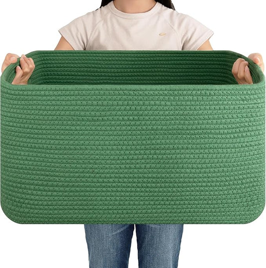 OIAHOMY 75L Large Blanket Basket, Woven Cotton Rope Baskets for Organizing 22”x17”x12”, Blanket Basket living Room, Toy Storage Bins for Nursery, Green
