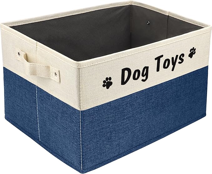 PET ARTIST Dog Toy Basket, Foldable Dog Toy Bin Box for Living Roon Area, Collapsible Storage Basket with Comfortable Handles for Pet Coat, Accessories, Navy Blue, 15"x11"x9"