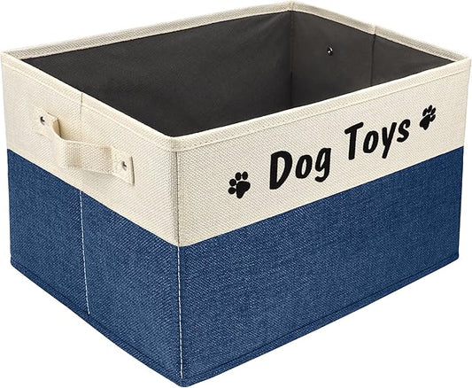 PET ARTIST Dog Toy Basket, Foldable Dog Toy Bin Box for Living Roon Area, Collapsible Storage Basket with Comfortable Handles for Pet Coat, Accessories, Navy Blue, 15"x11"x9"