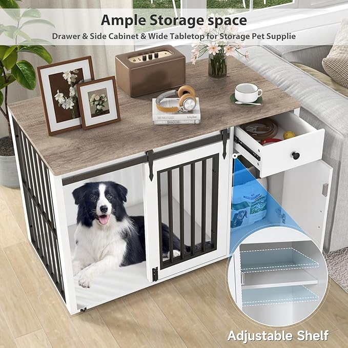Verano Garden 44" Dog Crate, 2-in-1 Furniture-Style Dog Crate with Storage Drawer & Cabinet, Heavy Duty Dog Kennel Dog Cage Indoor for Small Medium Dogs, White (44" Right Facing Door)